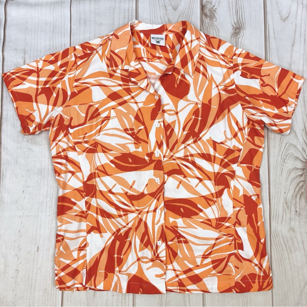 Columbia Short Sleeve Button Up Tropical Hawaiian Shirt Orange/White Sz L